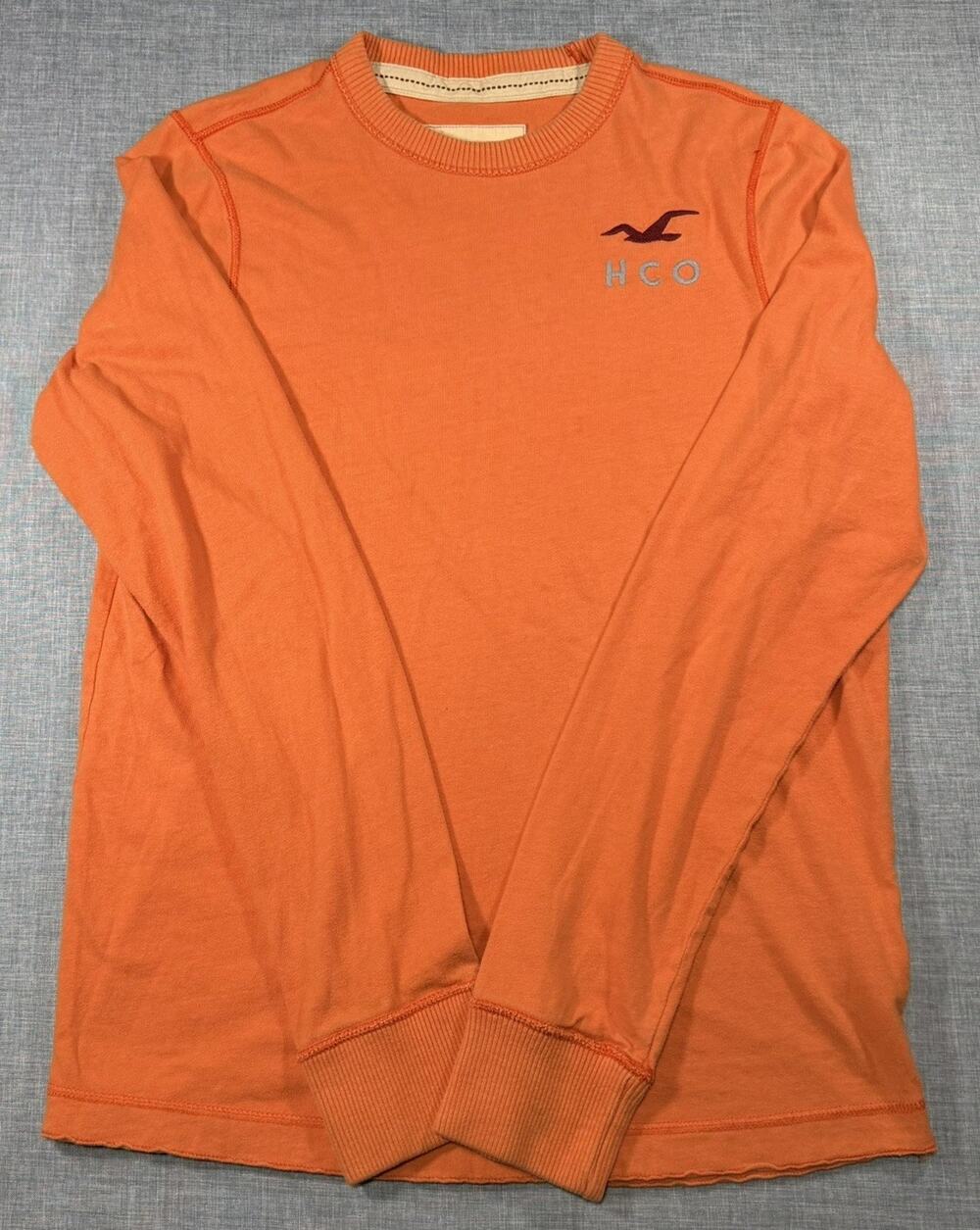 Vtg Y2K Hollister Seagull Embroidered Mens Large Orange Shirt Long Sleeves